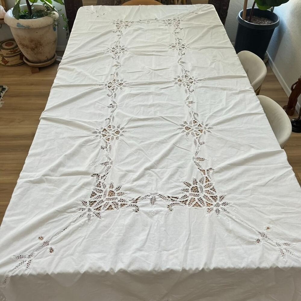 Vintage Battenburg Lace Cotton Tablecloth White Rectangular 105"x 60"